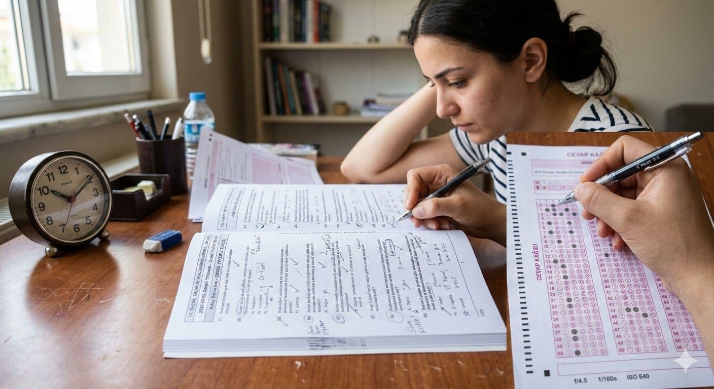KPSS sınav kitapçığı üzerinde kalemle turlama tekniği uygulayan, soruların yanına işaretler koymuş bir adayın masası; yanında bir saat ve optik form görünüyor.