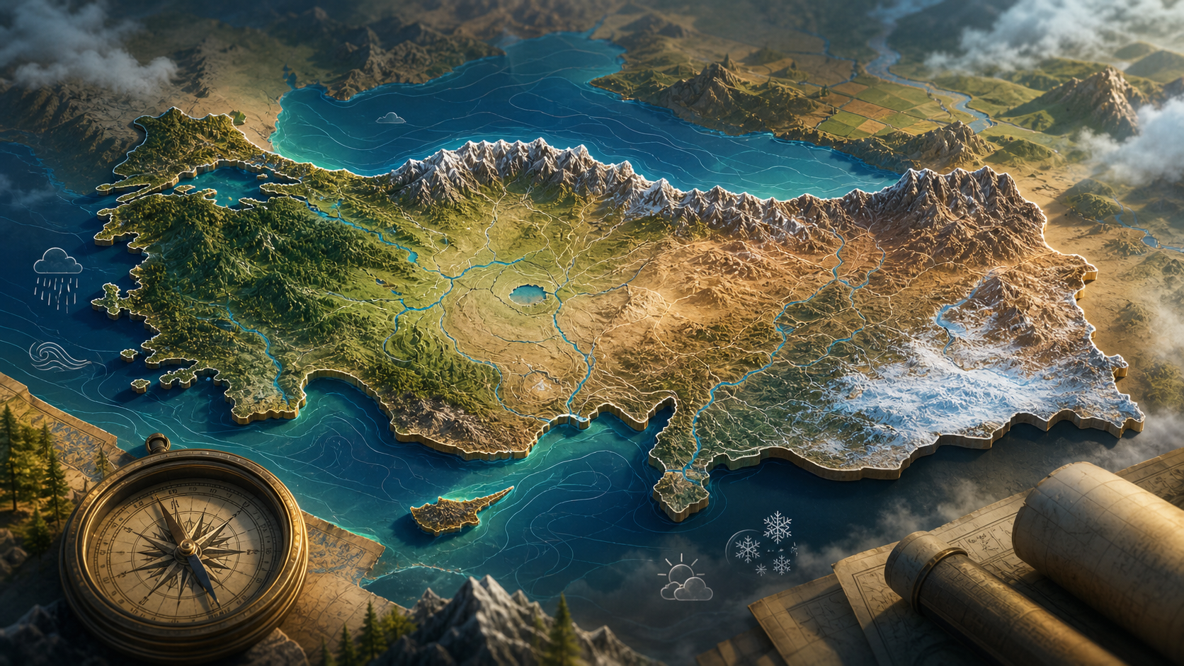 Concept art tarzında KPSS Coğrafya harita okuma ve Türkiye haritası görseli