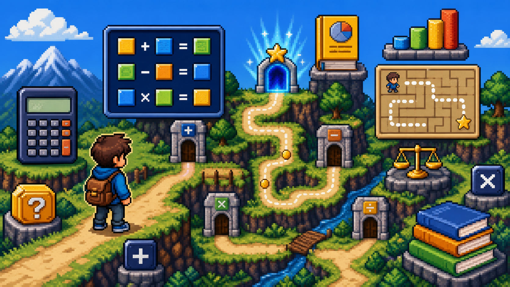 Pixel art tarzında KPSS Matematik problemler ve çözüm labirenti görseli