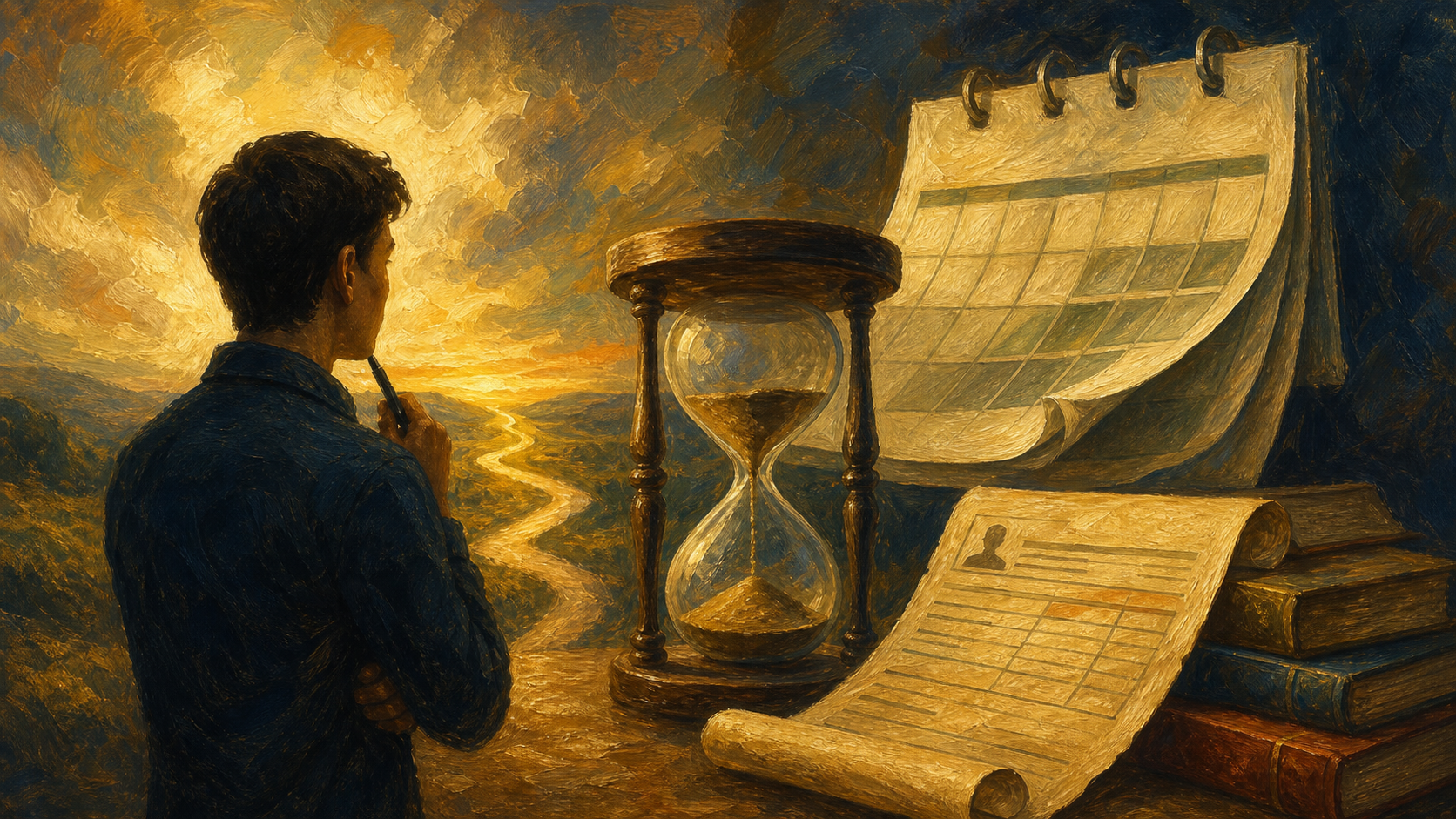 Oil painting tarzında KPSS puan geçerliliği için takvim ve kum saati görseli